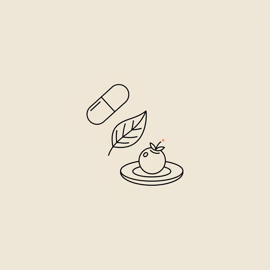 Minimalist line illustration of a capsule, leaf and small plate with a single berry on beige background, visualizing supplements to reduce sweet cravings.