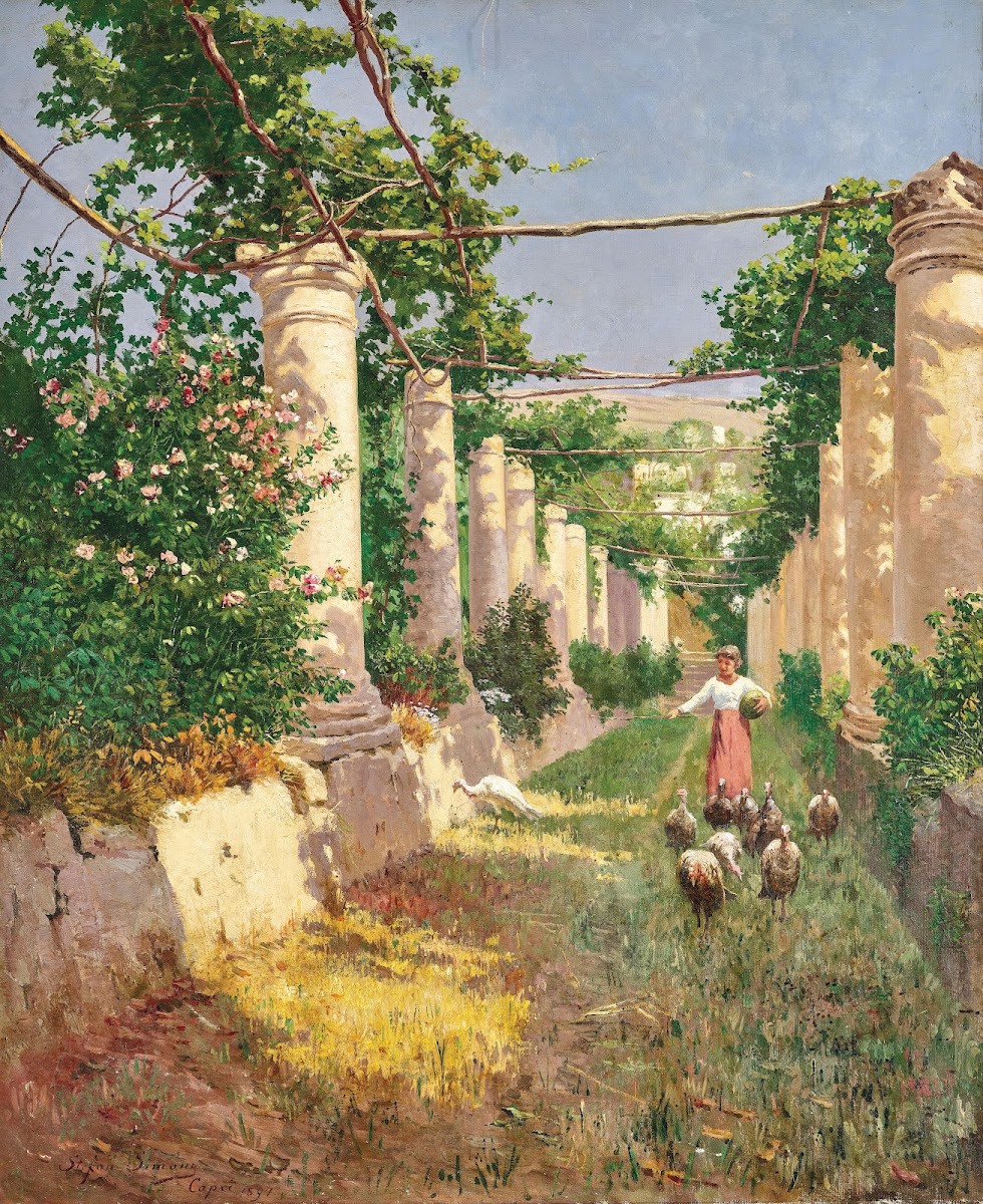 A young girl feeding turkeys in a sunlit pergola in Capri 1891