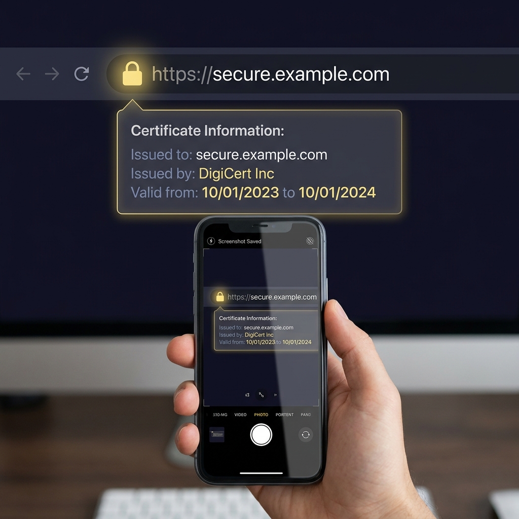 Close up of browser address bar with padlock and certificate overlay while a hand takes a phone screenshot showing betnow phone number support page in clean Funded Plays style