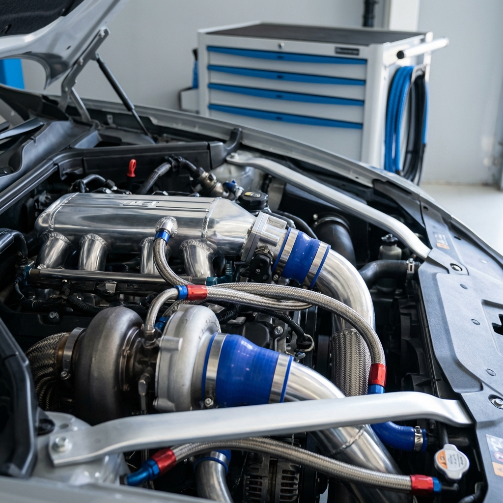 Close up of Kia Stinger 3.3 liter V6 engine bay showing turbo plumbing and intake in a clean white workshop with minimalist CarFax Deals blue accents kia stinger for sale