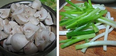 Rửa sạch nấm rồi xắt nhỏ, hành lá thì bạn cắt khúc dài. Cho ít dầu vào chảo, sau khi dầu nóng bạn cho hành lá vào, kế đến bạn thêm dầu hào.