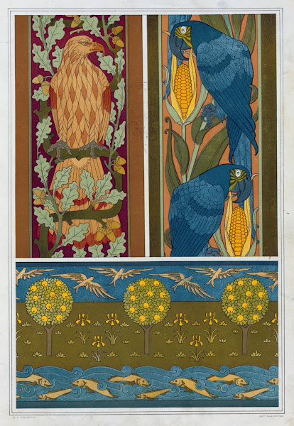 Aigle et chêne aras et maïs bordures Poissons et oiseaux frise 1897