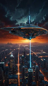 Giant UFO hovers over city at sunset with blue energy beam