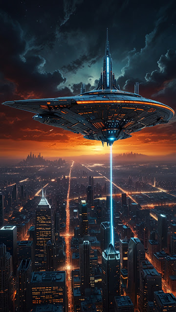 Giant UFO hovers over city at sunset with blue energy beam - Free mobile Wallpaper