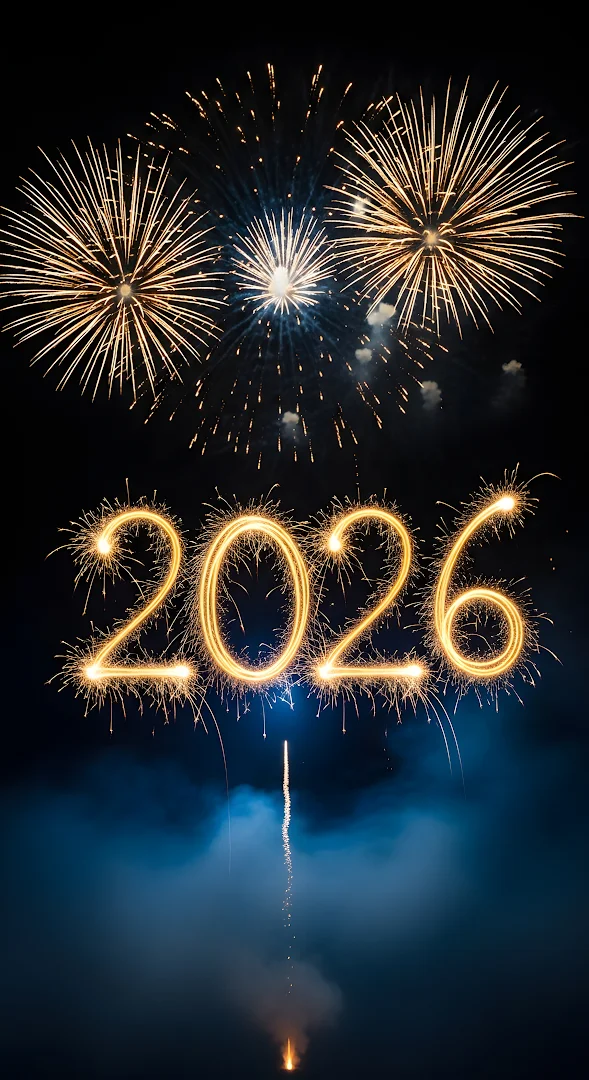 New Year 2026 Sparkler Text and Golden Fireworks