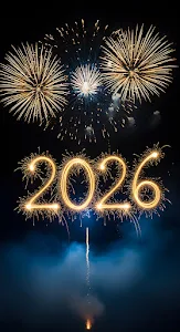 New Year 2026 Sparkler Text and Golden Fireworks