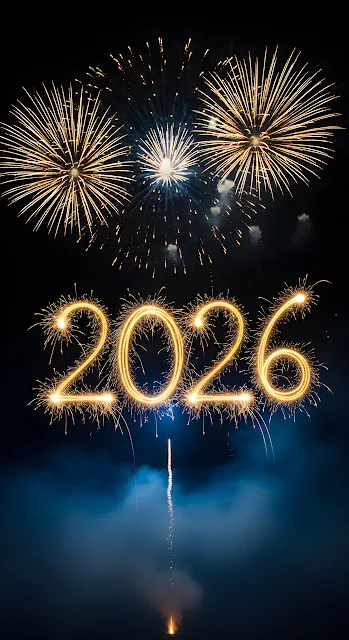 New Year 2026 Sparkler Text and Golden Fireworks