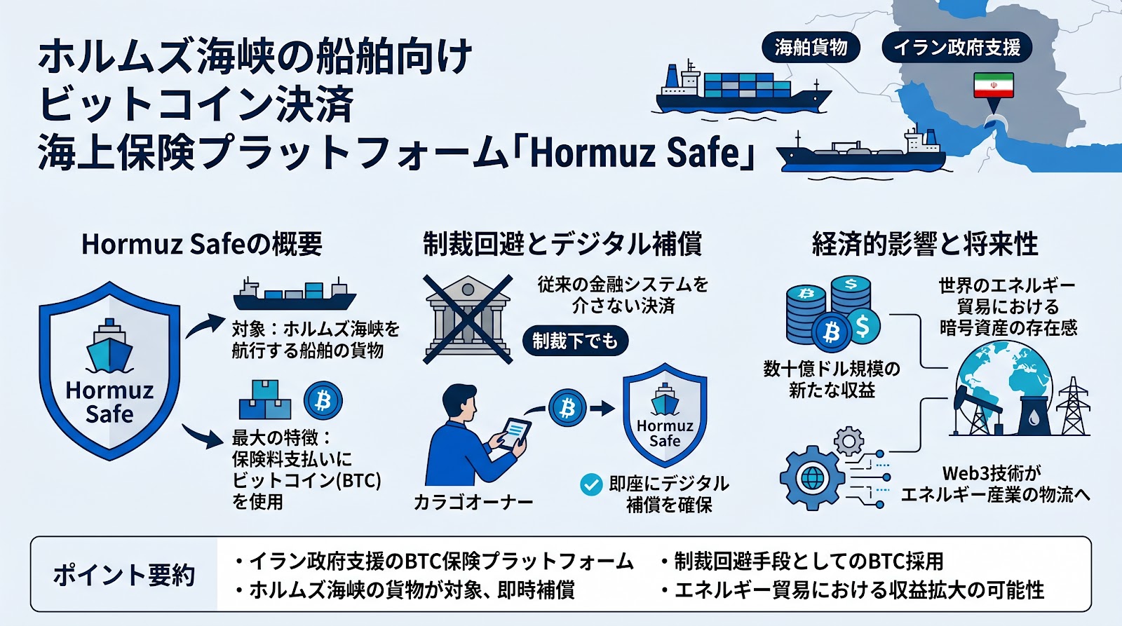 イランがホルムズ海峡の船舶向けにビットコイン決済の海上保険プラットフォームを開始