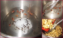 Lường phần nước cần cho phần đậu vào nồi, cho 2 muỗng canh muối, 1 muỗng canh hạt tiêu đen và 4 hoa hồi vào nồi, khuấy cho tan. Cho đậu phộng vào luộc với lửa cao. Khi sôi hạ lửa thành lửa vừa sôi trong vòng 30 phút. Tắt bếp.
