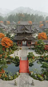 Symmetrical 3D Render of a Traditional Japanese Temple and Red Bridge in Autumn
