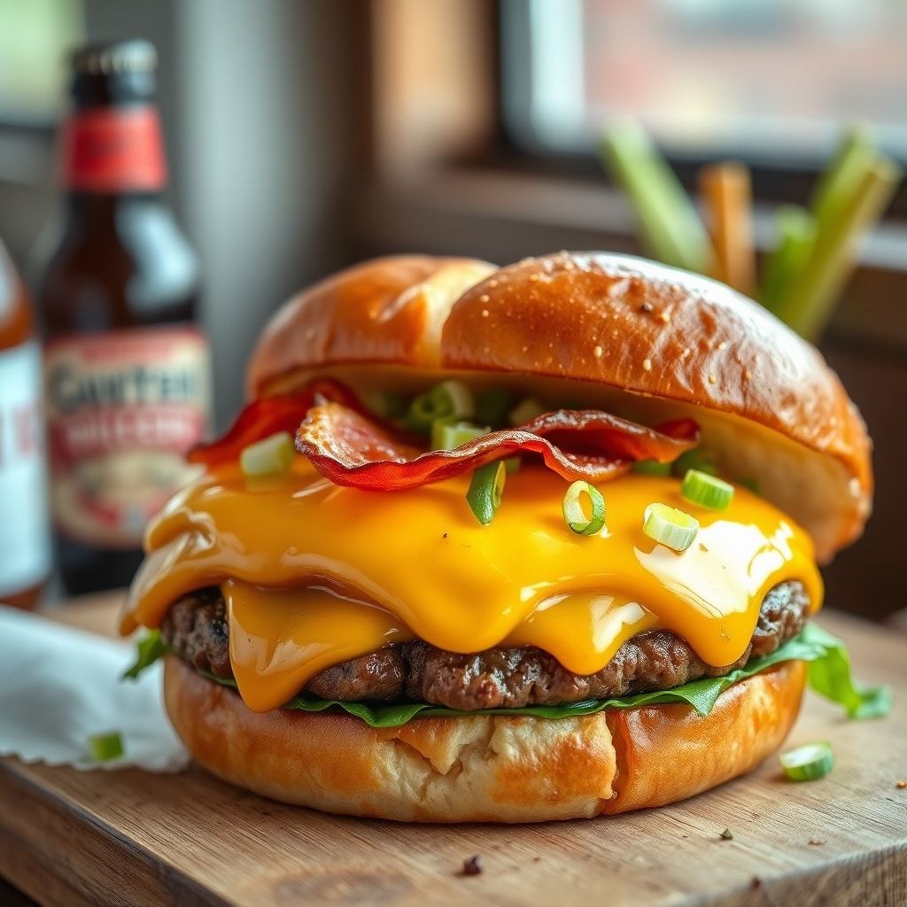 Beer Cheese Pretzel Burgers with Bacon and Scallions (Easy Homemade)