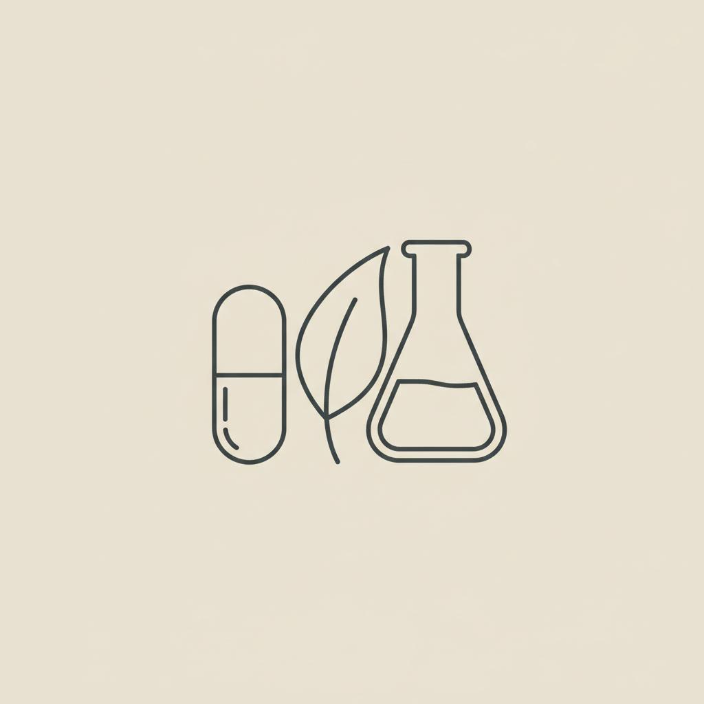 Minimal Tonum-style line illustration of a capsule, plant leaf and lab flask on beige background representing berberine supplement quality