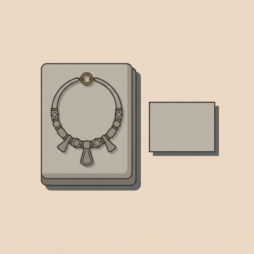 Minimalist 2D vector of a reconstructed old viking jewelry necklace on a padded mount beside a blank condition note card in Aurora Antiqua color palette