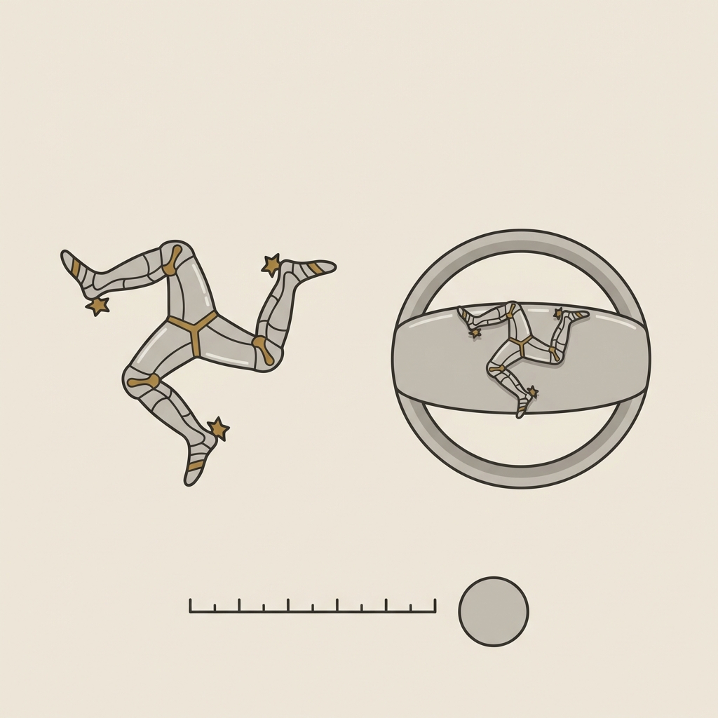 Top down 2D vector comparison of Isle of Man three legs emblem cast beside a ring with matching three leg motif with scale ruler triskelion ring meaning