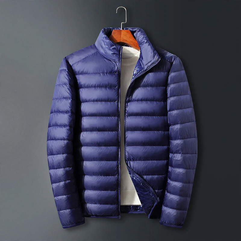 Lightweight men's down jacket with hood, white duck down lining