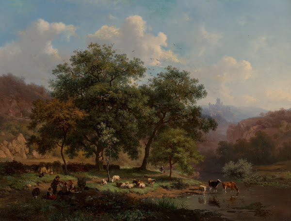 A Summer Landscape With Figures Resting With Their Flock Beside A River Where Ca
