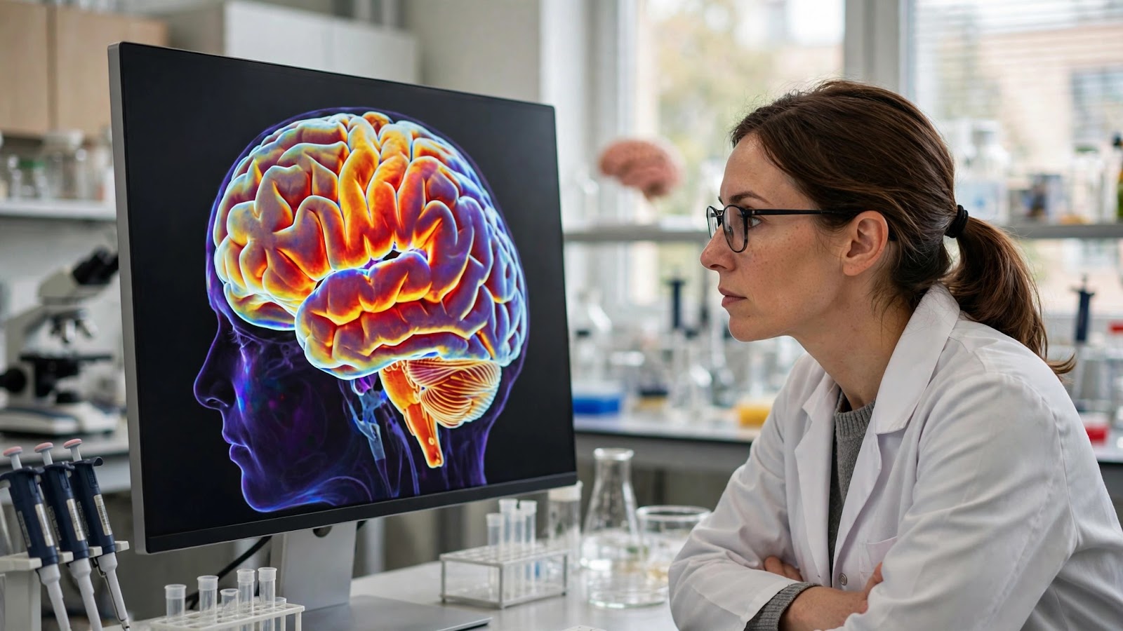 A neuroscientist examining a brain scan on a monitor in an Alzheimer's research laboratory