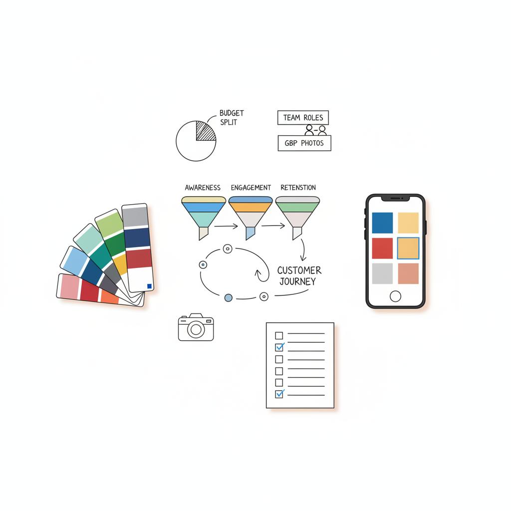 Overhead vector workspace with paint swatches, a phone showing a simple portfolio grid, and a blank checkbox checklist illustrating how do painters get noticed