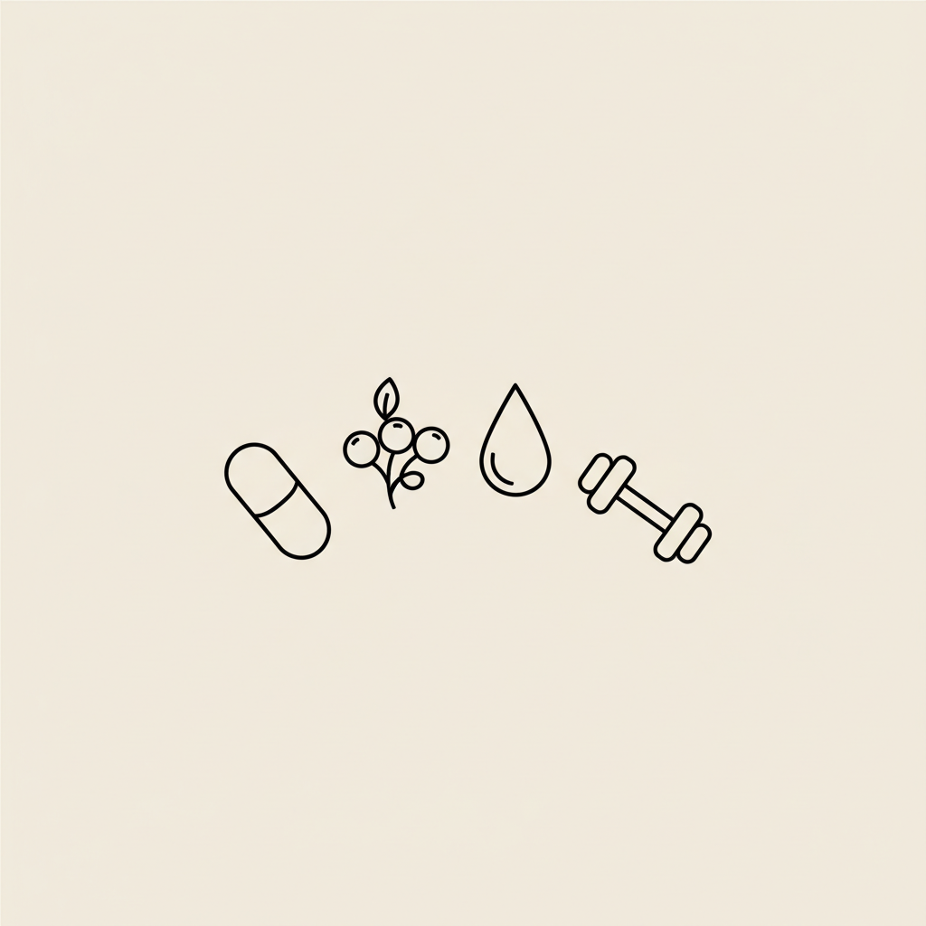 Minimal Tonum-style line illustration of a capsule, berries, water droplet and dumbbell on beige background, representing ways to lose 30 pounds in a month