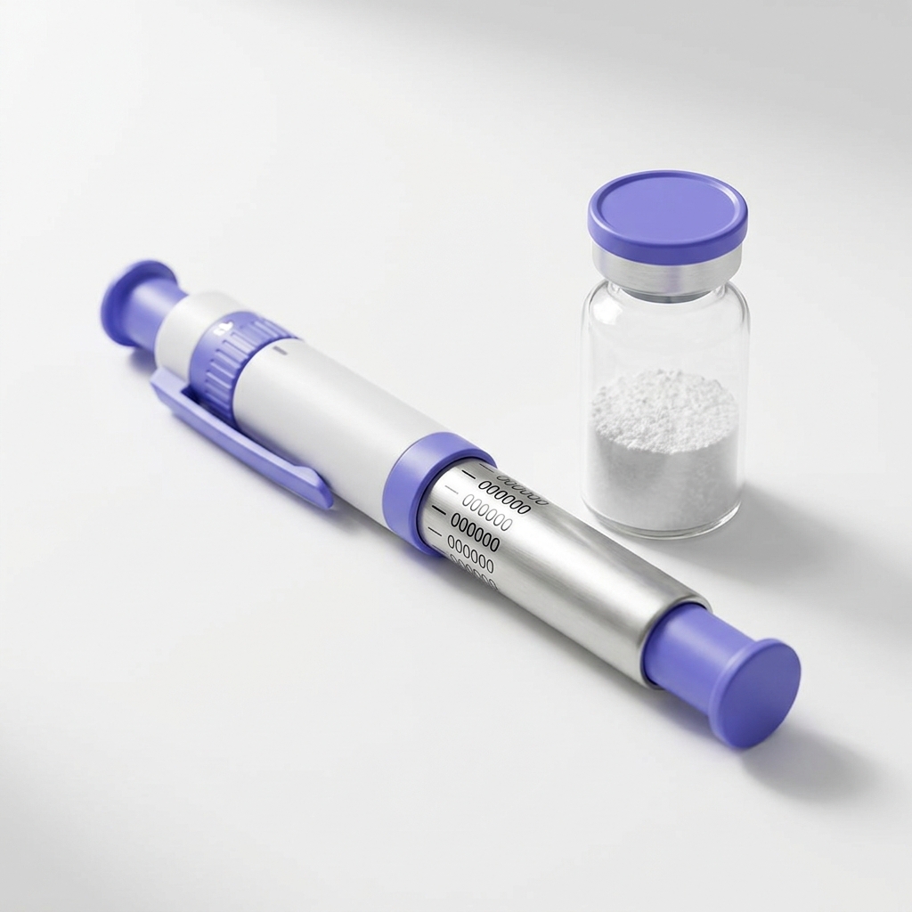 Close up of a subcutaneous injection pen and a separate vial of peptide powder on a white background in a minimalist Peptide World style featuring sermorelin