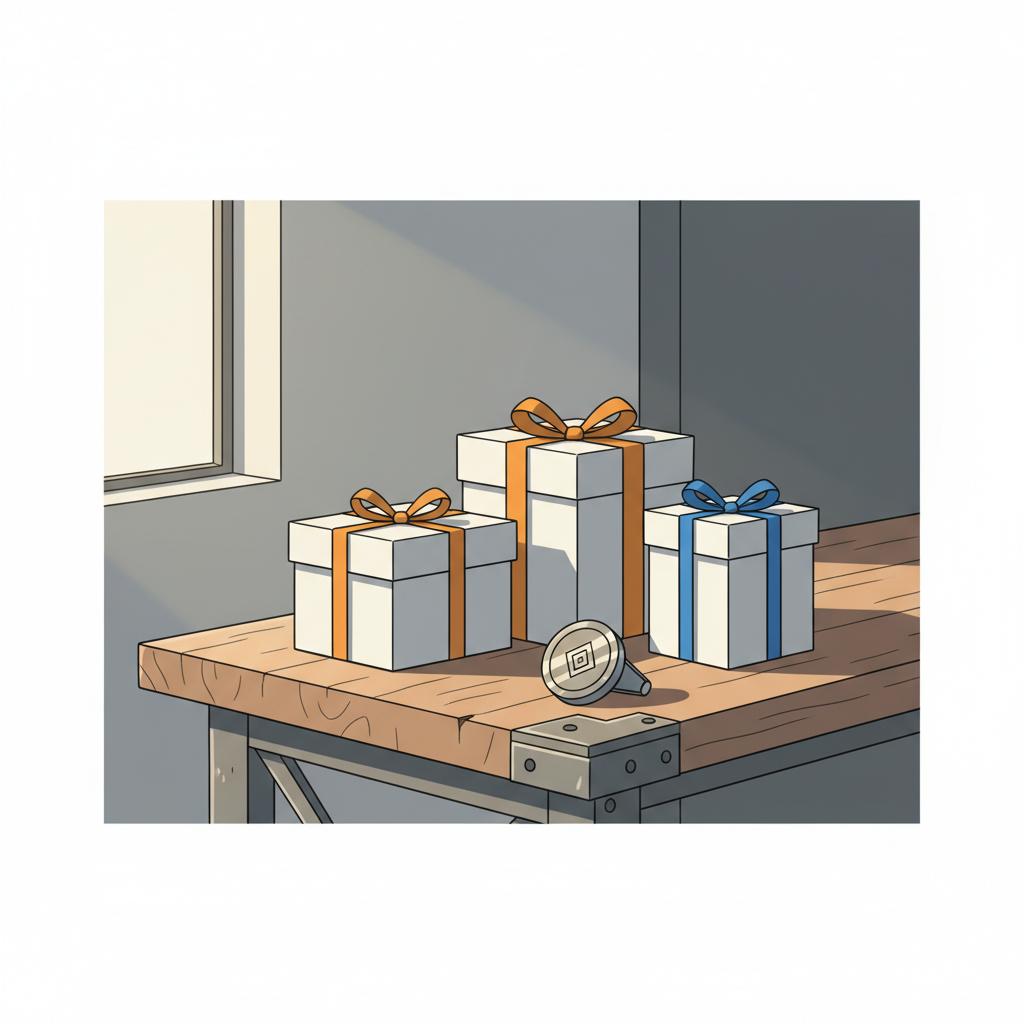 Detailaufnahme von Geschenkboxen und graviertem Metall-Anhänger auf rustikalem Holztisch in warmer, intimer Lichtstimmung. Soll ich meiner Schwester ein Geschenk machen?