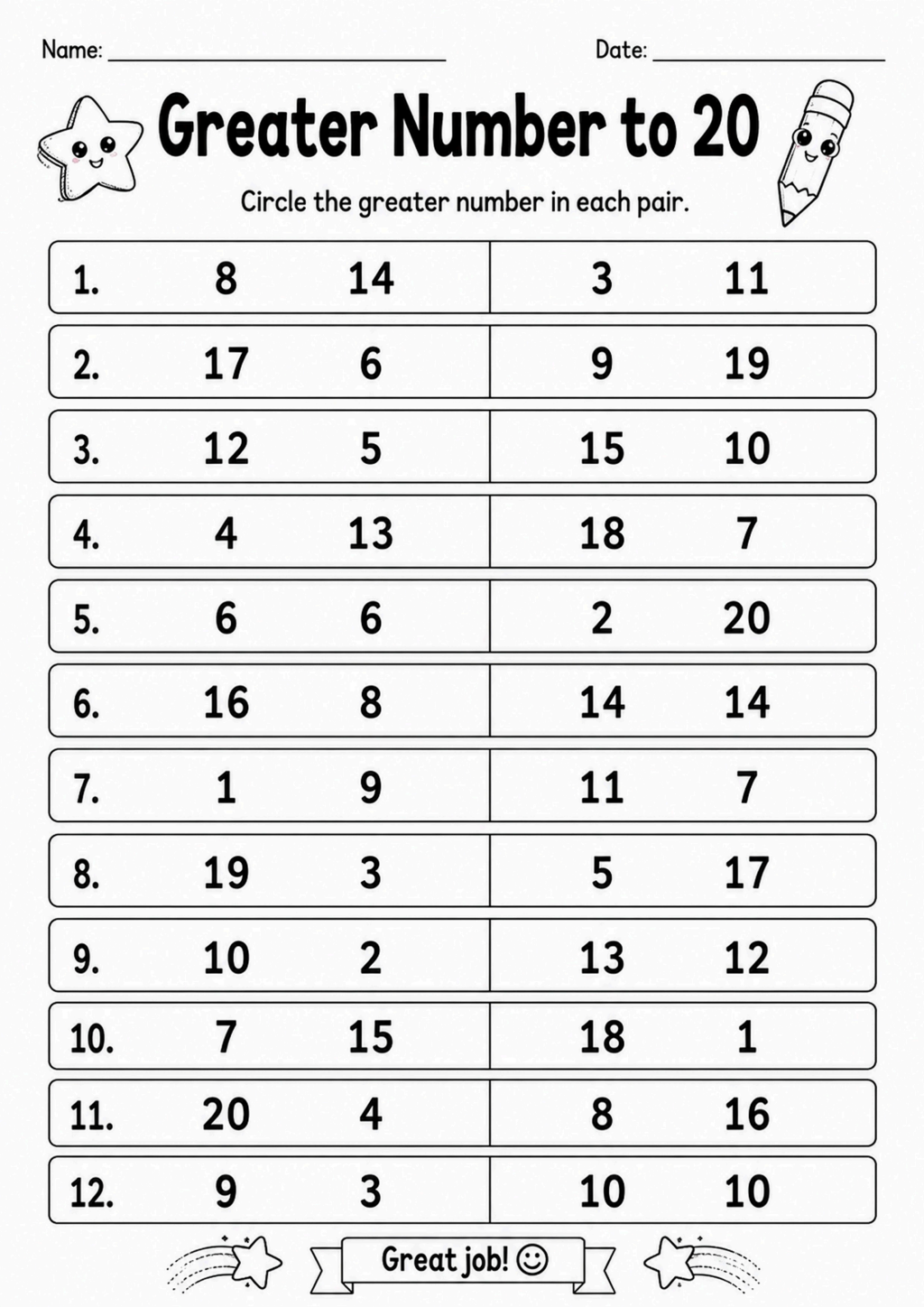 Greater Number to 20 Worksheet