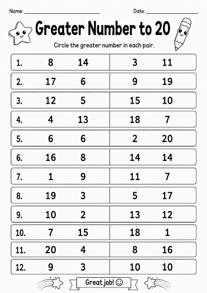 Greater Number to 20 Worksheet