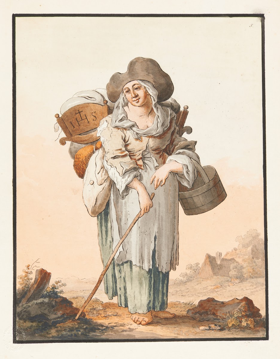 Bettlerin ihr Kind in der Wiege auf dem Rücken tragend 1780