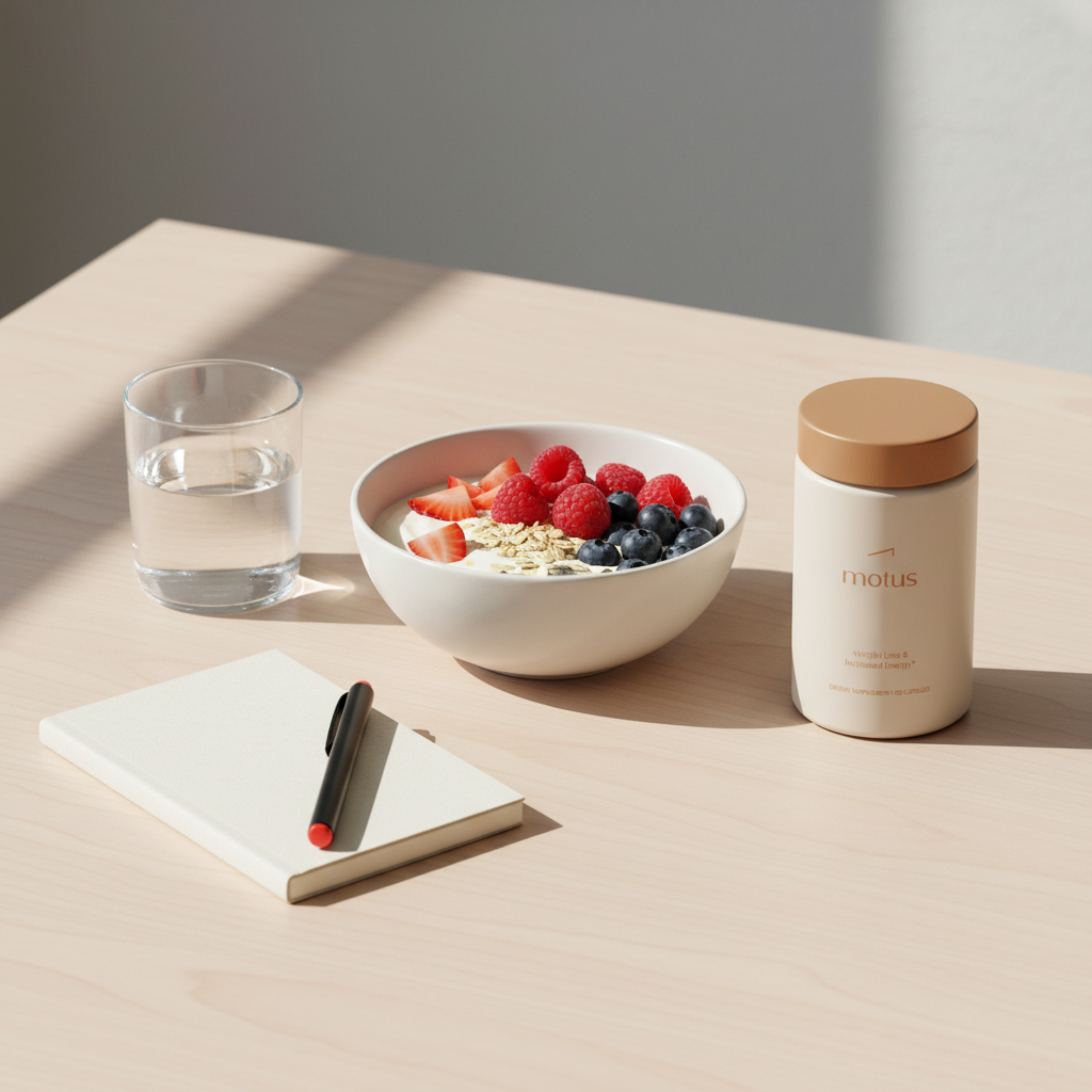 Minimal breakfast scene with Tonum Motus jar beside Greek yogurt with berries, oats, notebook and water, suggesting a morning routine to lose 20 pounds in 3 months.