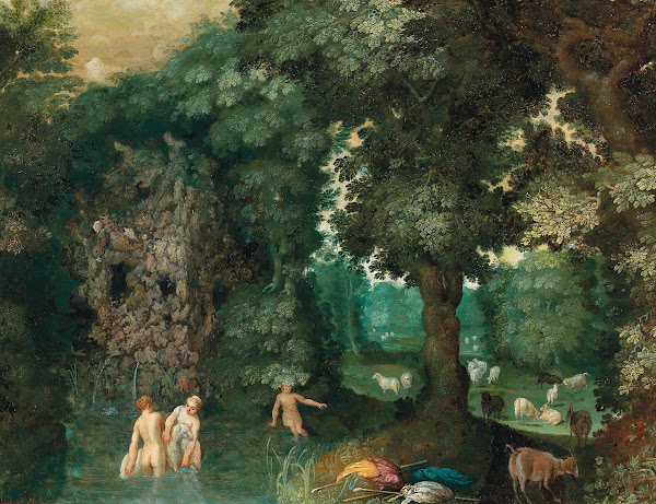 Bathing nymphs in a forest