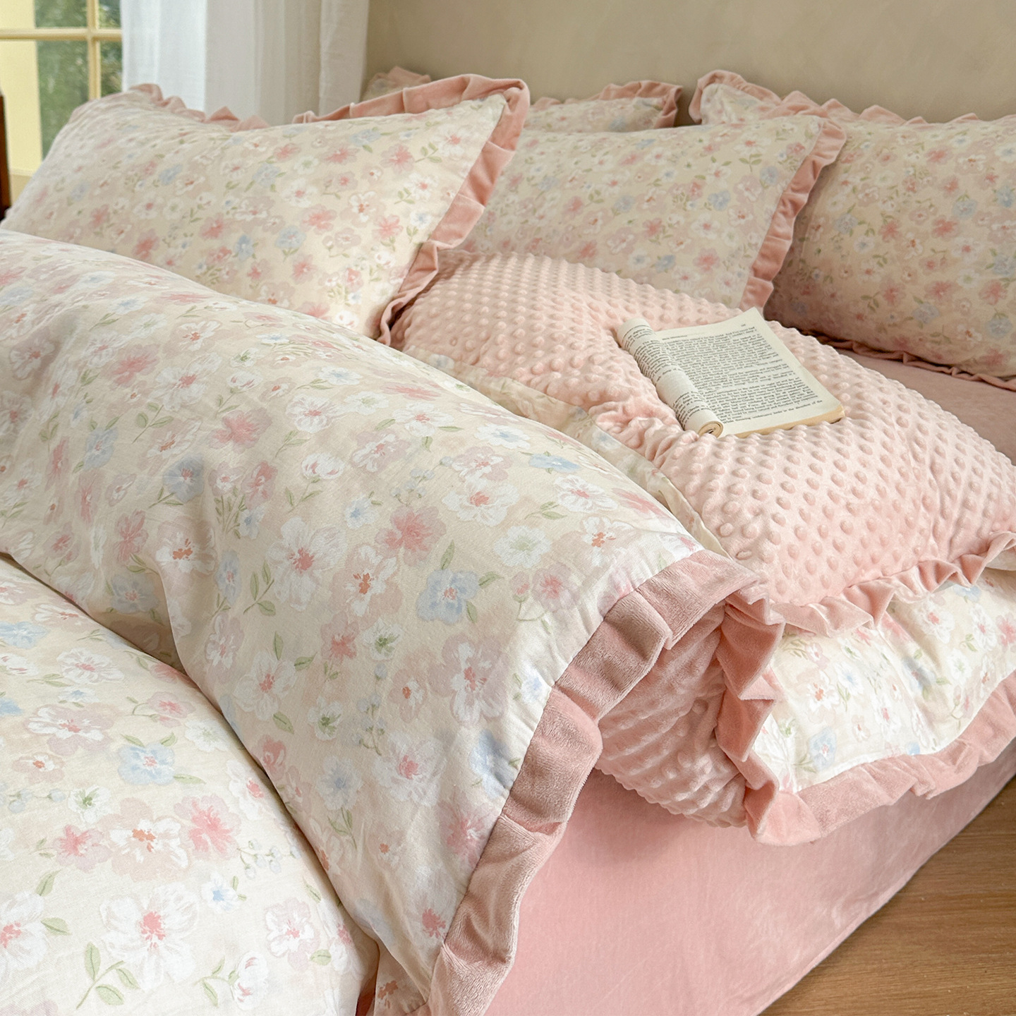 Cotton bedding set, double-layered, with fleece inside