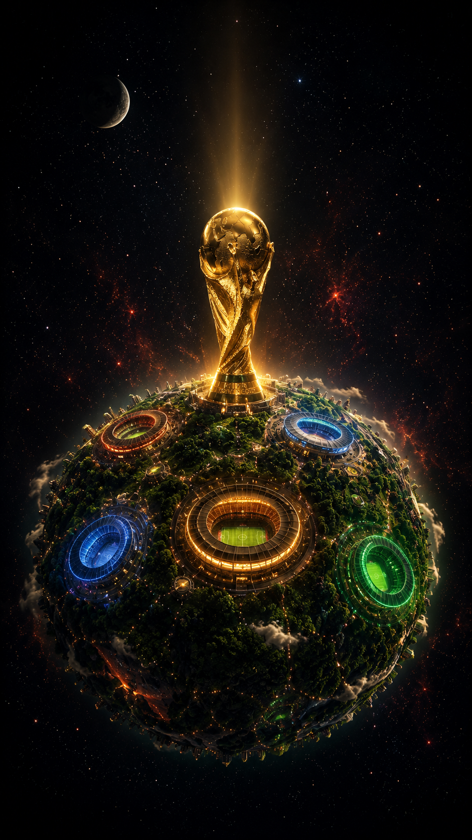 Futuristic Soccer Planet with Stadiums and Trophy Wallpaper - Free 4K mobile Wallpaper