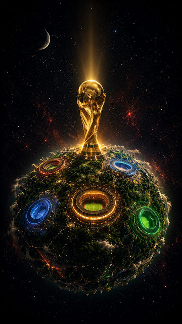 Futuristic Soccer Planet with Stadiums and Trophy Wallpaper