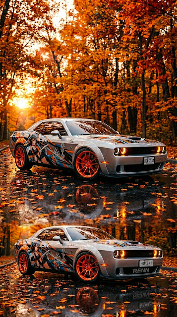 Custom Wrapped Muscle Car on Wet Autumn Street - Free mobile Wallpaper