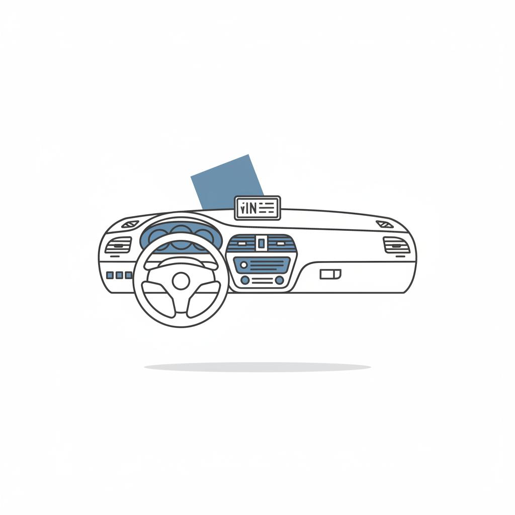 Minimalist 2D vector overhead view of a used car dashboard and steering wheel with visible VIN plate near the windshield subtle 3666ed accent on white background best year to buy a used car