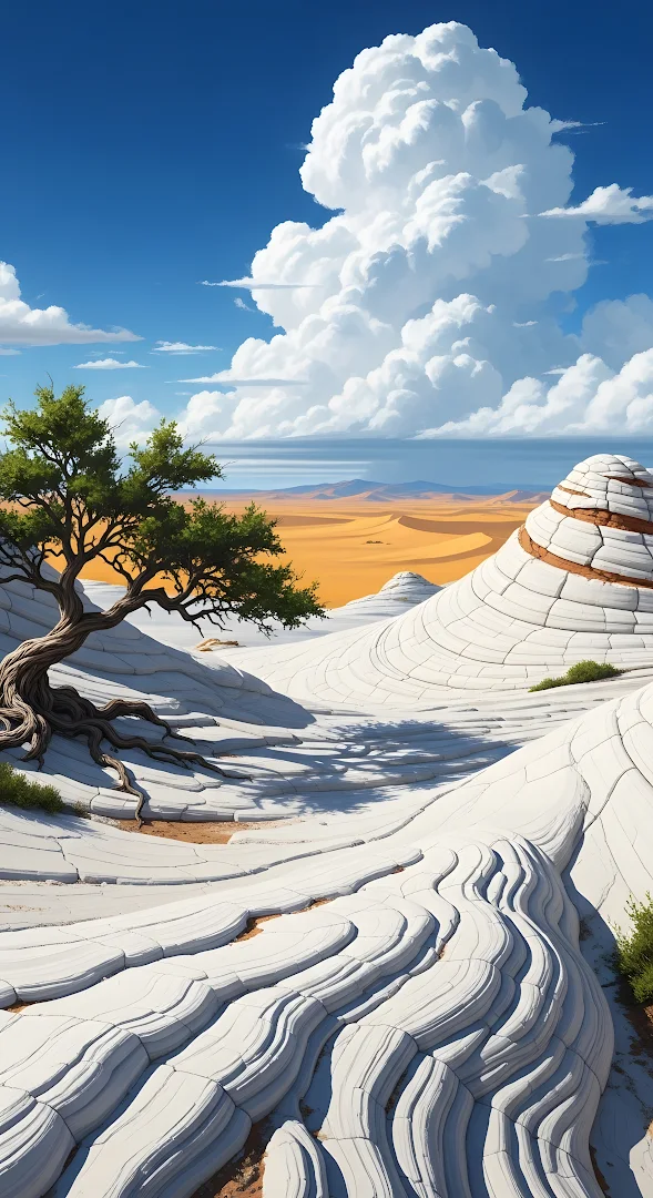 Surreal White Sandstone Desert Landscape and Tree