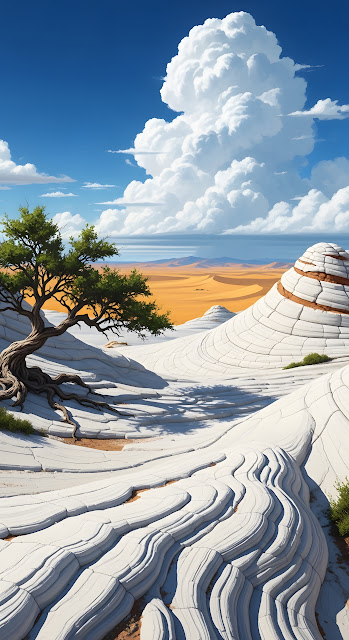 Surreal White Sandstone Desert Landscape and Tree - Free mobile Wallpaper