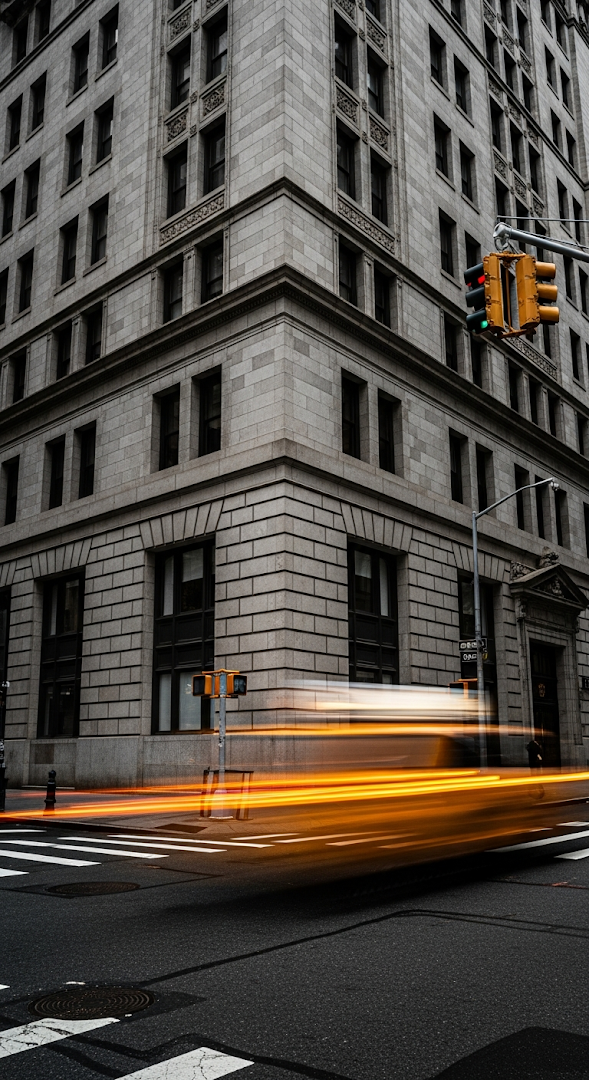 Dramatic Long Exposure of Ornate New York Building and Motion Blur Taxi