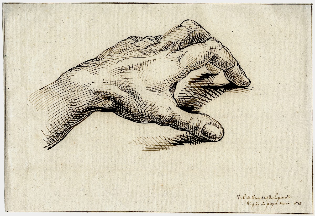 De linkerhand van Humbert rustend op een ondergrond