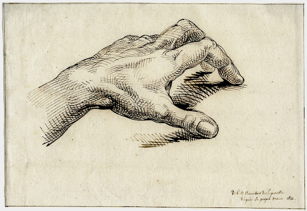 De linkerhand van Humbert rustend op een ondergrond
