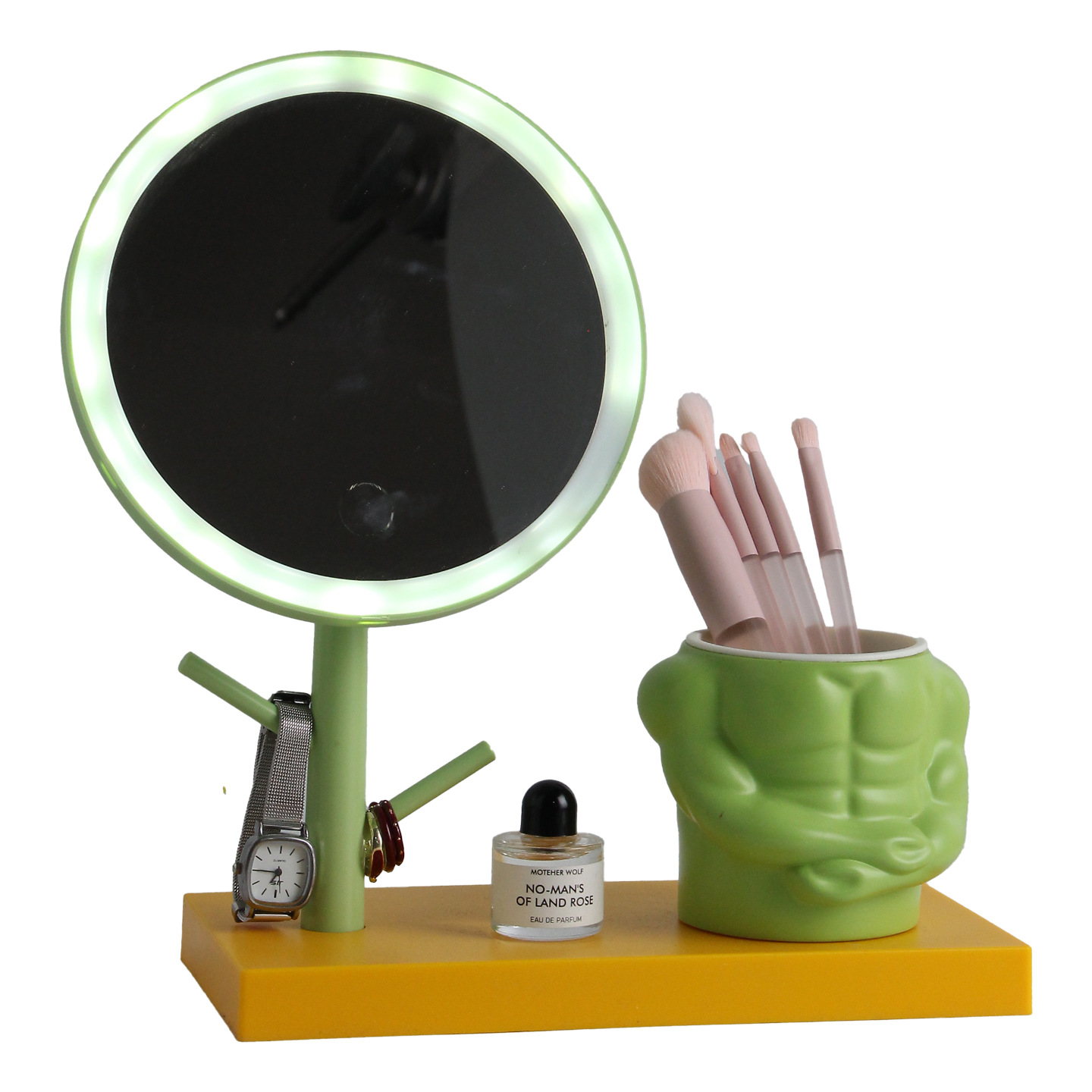 Makeup mirror with LED lighting and shelf