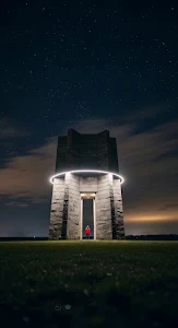 Figure at Entrance of Star-Shaped Stone Monument at Night