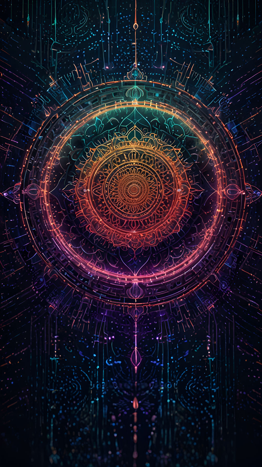 Vibrant Neon Glowing Mandala Abstract Geometric Design - Free 4K mobile Wallpaper