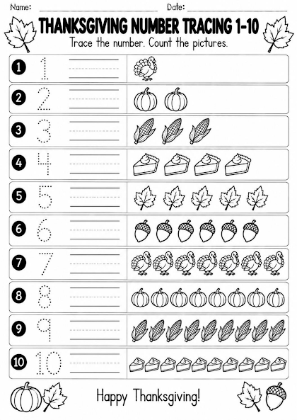 Thanksgiving Number Tracing 1 to 10 Worksheet