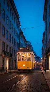 Classic Yellow Streetcar in Historic European City at Night