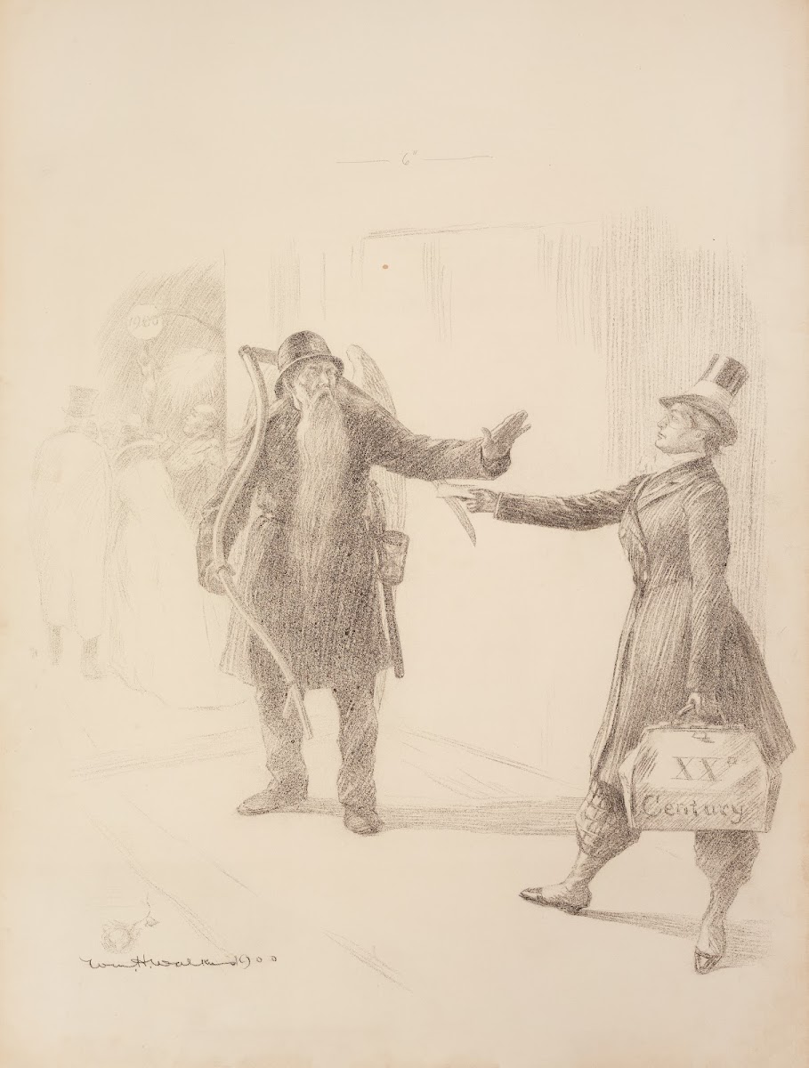 A man representing the 20th century is stopped by Father Time from entering a pa