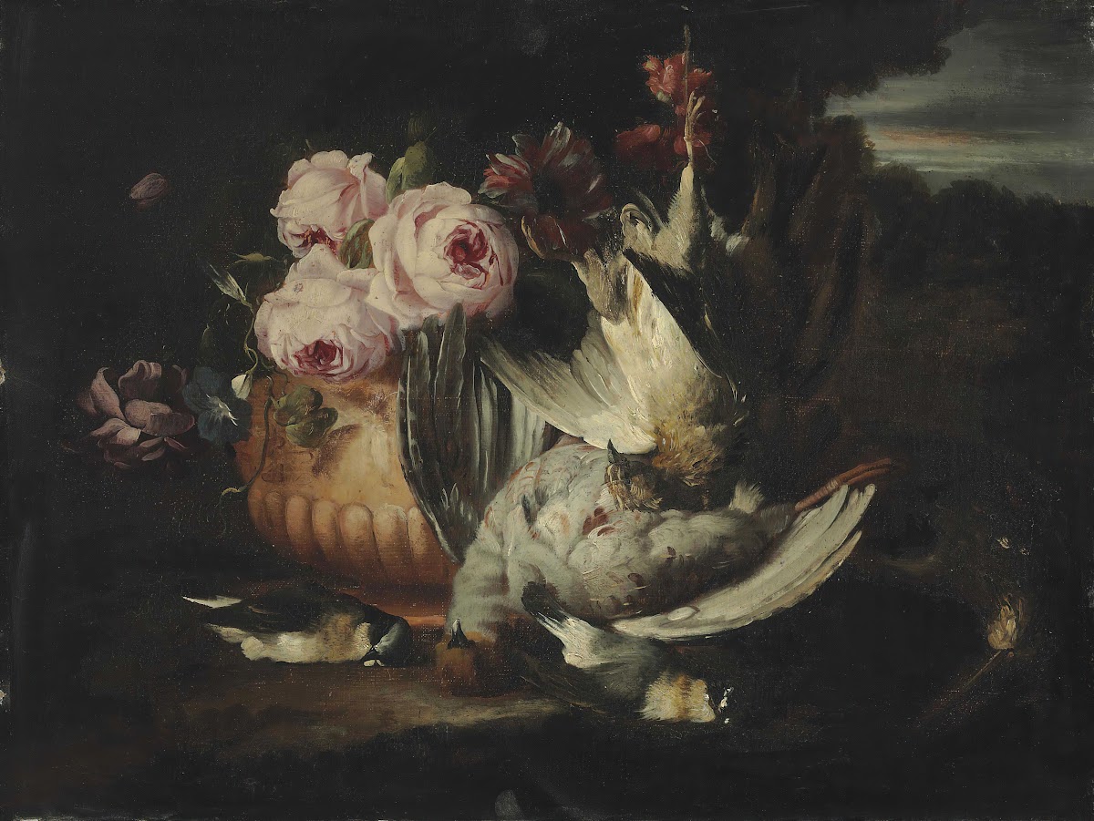 Flowers in a terracotta vase with dead game