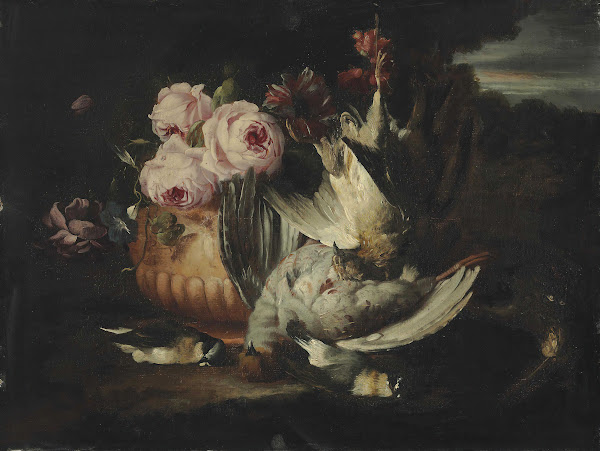 Flowers in a terracotta vase with dead game