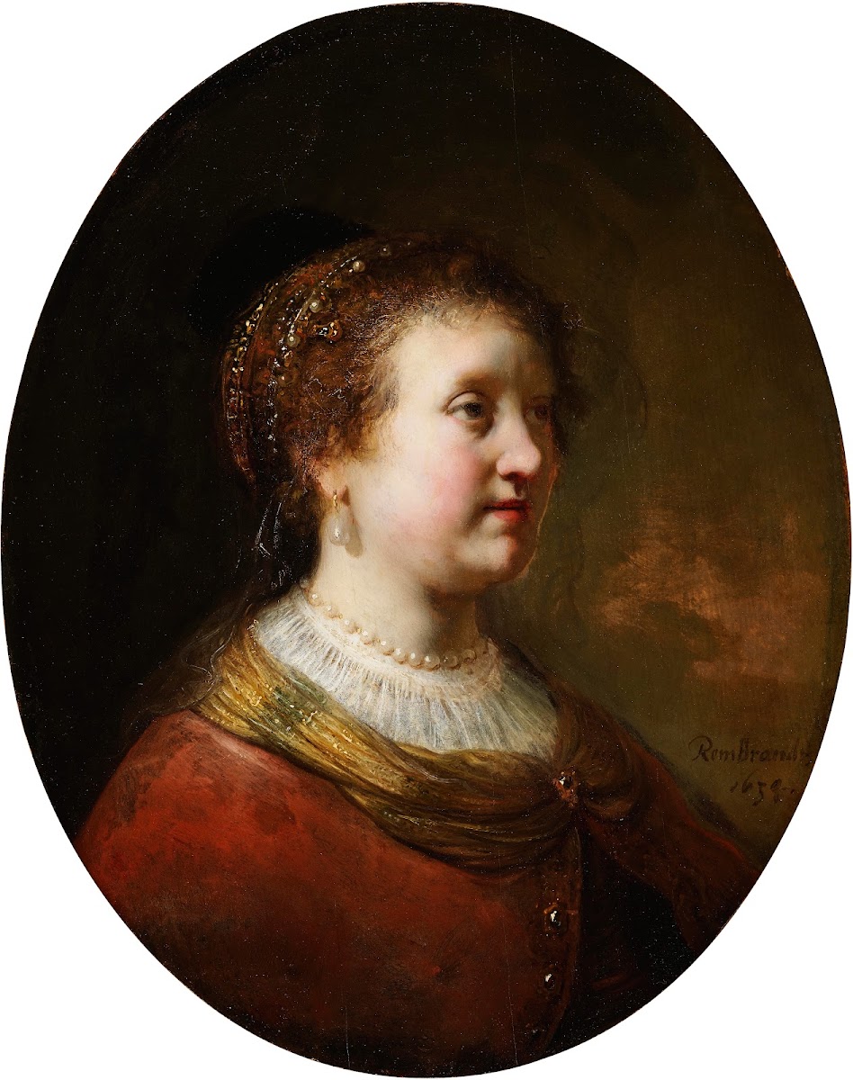 Woman in a Red Dress and Pearls 1634