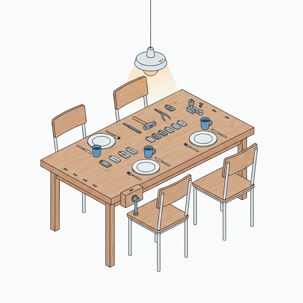 Minimalistische 2D-Vektor-Werkbank mit personalisierten Metallanhängern, Werkzeugen und gedeckten Plätzen – stimmungsvolle Handwerks-Szene für glückwünsche bachelor.